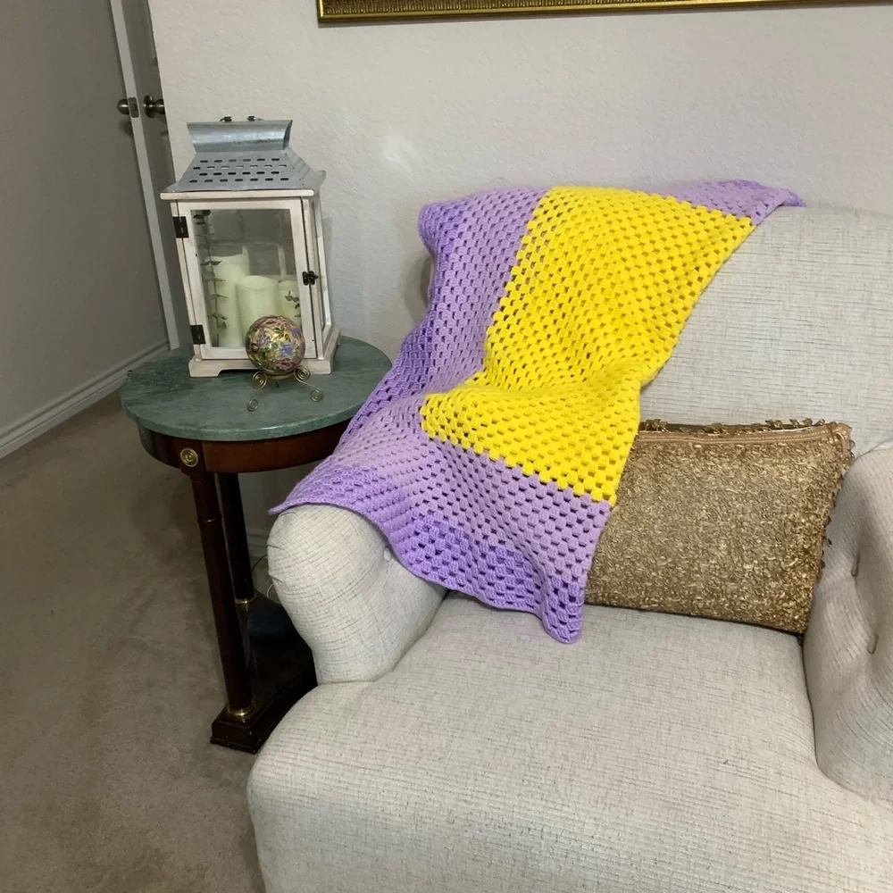 Vintage purple & yellow crocheted blanket throw